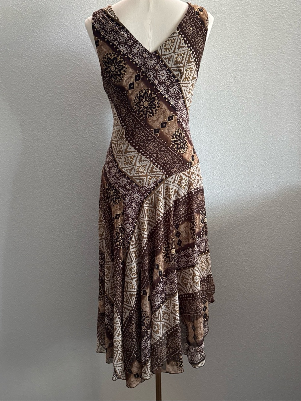 Rabbit Rabbit Rabbit Designs Brown Boho Handkerchief Hem Midi Dress Size 4 - Picture 2 of 9